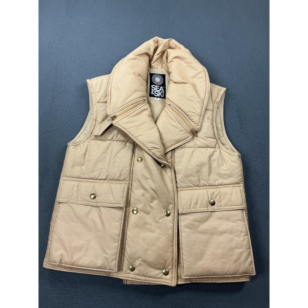 Vintage Sea & Ski Vest Mens Medium Beige Quilted Puffer‎ Snap Front Ski Outdoor